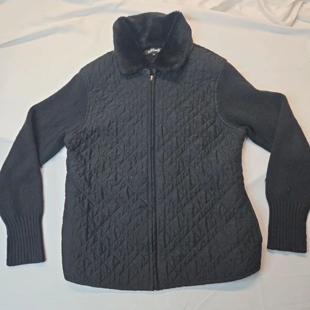 Effeci Creazioni Quilted Sweater Jacket Womens 1X Black Faux Fur Collar Full Zip